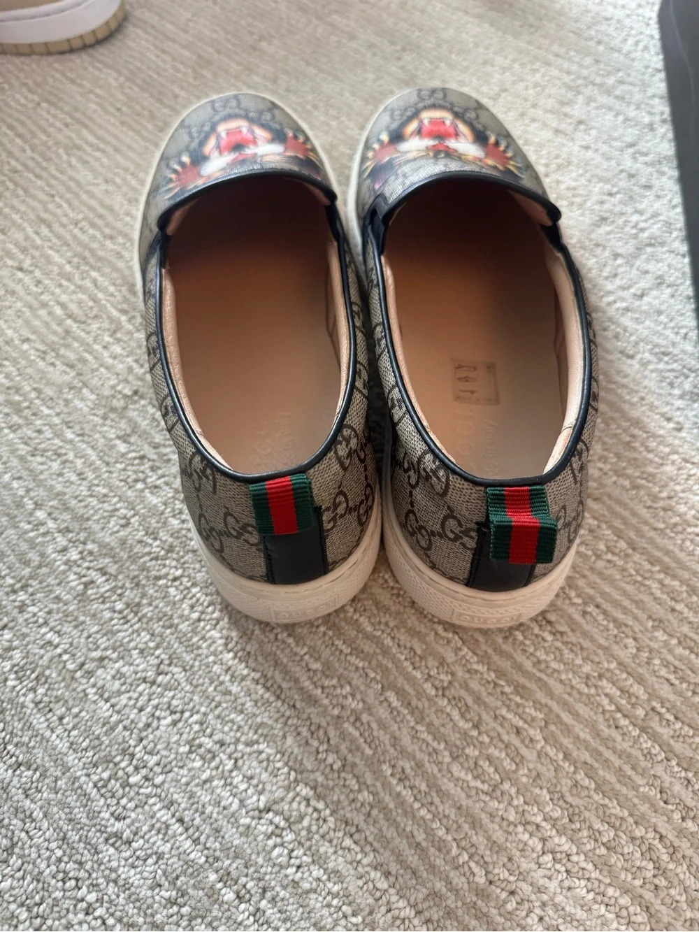 Gucci Brown GG Supreme Slip-On Sneakers with Multicolor Tiger Motif